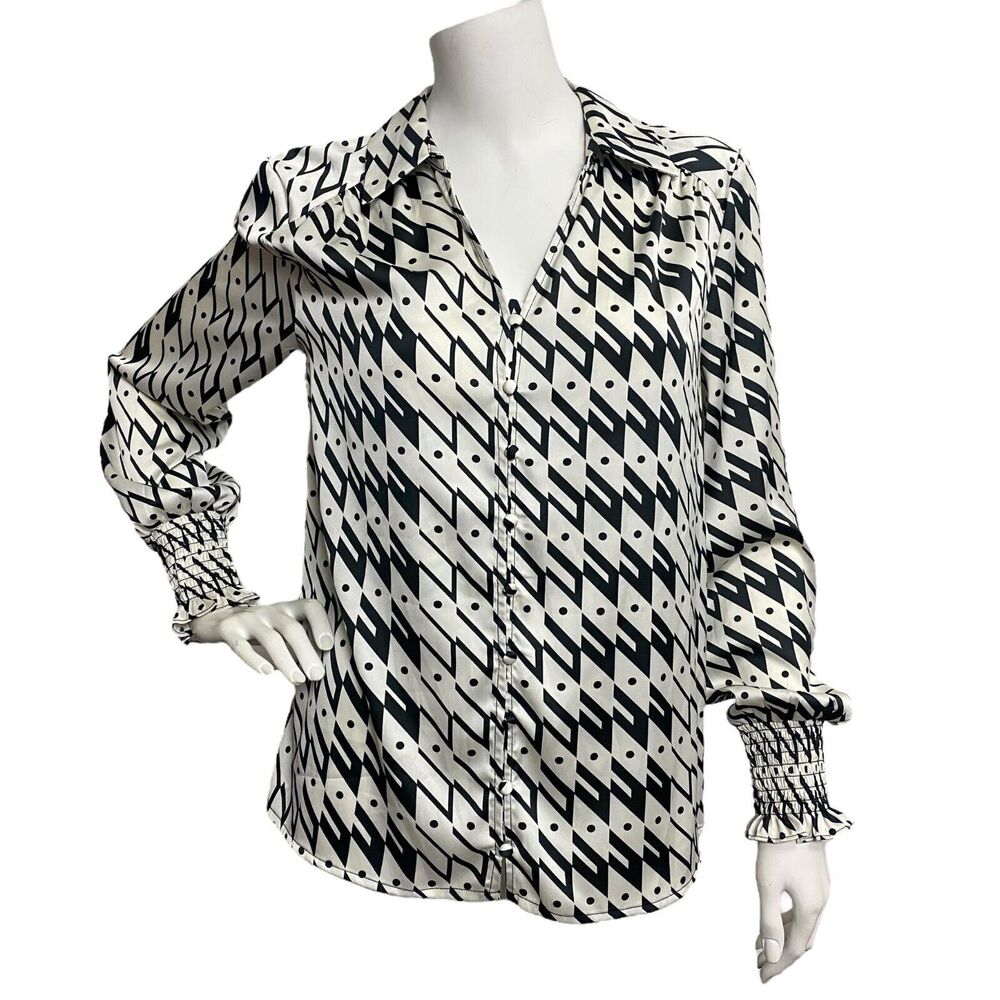 Maison d'Amelie Chiffon Long Sleeve Black White Abstract Button Down Blouse XS